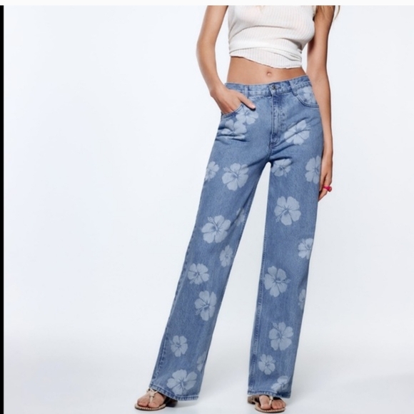 Zara Denim - Zara Floral Printed Wide Leg Jeans Sz 4 Casual Trendy High Rise Light Wash